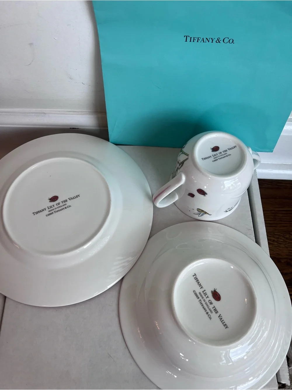 Never been used Tiffany & Co child’s fine bone china 3 piece set in blue box